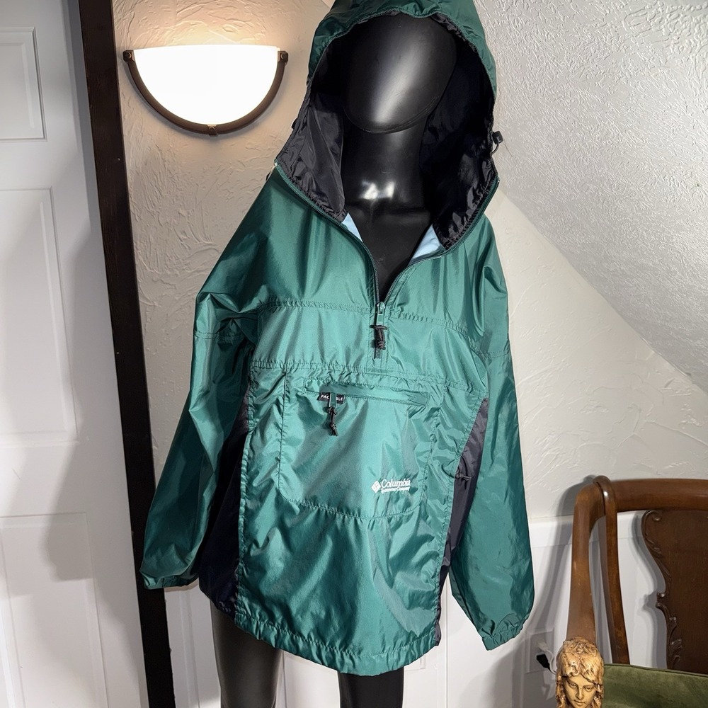 VTG 90s Columbia Packable Hooded Windbreaker Jacket Men's S Green/black 1/2 Zip